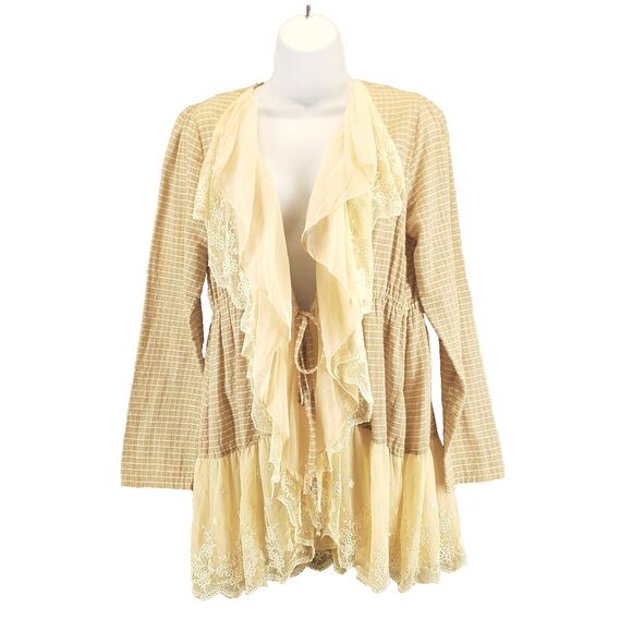 Altard State Womens M Tie Cardigan Beige Cream Cotton Blend Lace Tiered Ruffle - Picture 1 of 9
